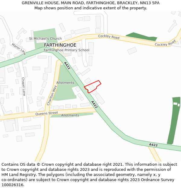 GRENVILLE HOUSE, MAIN ROAD, FARTHINGHOE, BRACKLEY, NN13 5PA: Location map and indicative extent of plot