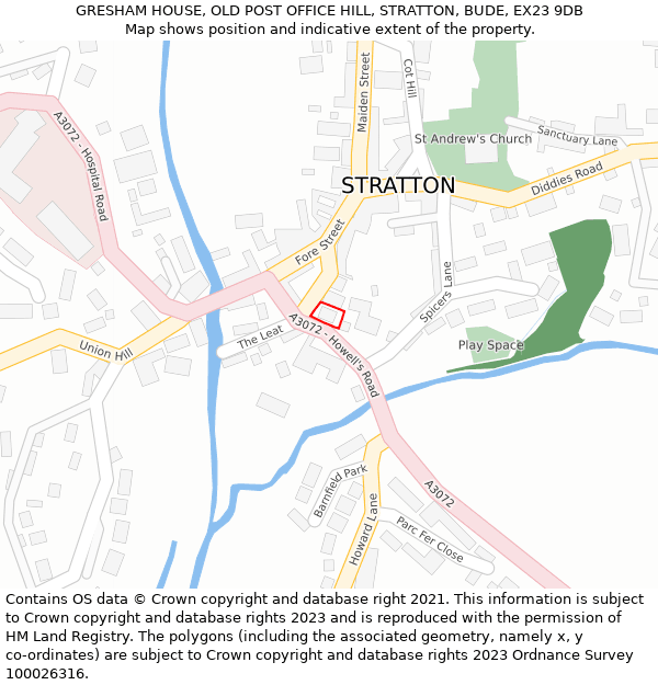 GRESHAM HOUSE, OLD POST OFFICE HILL, STRATTON, BUDE, EX23 9DB: Location map and indicative extent of plot