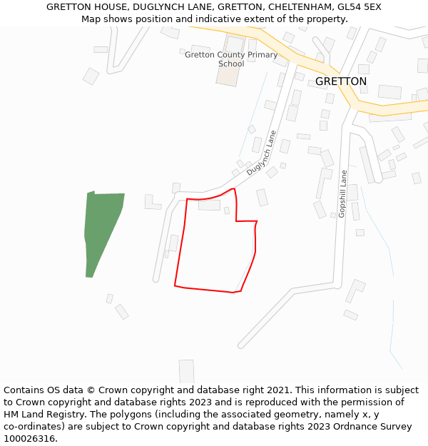 GRETTON HOUSE, DUGLYNCH LANE, GRETTON, CHELTENHAM, GL54 5EX: Location map and indicative extent of plot