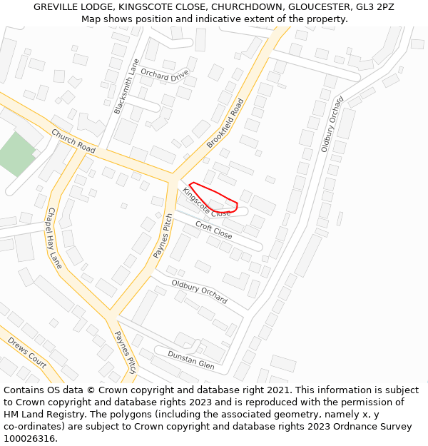 GREVILLE LODGE, KINGSCOTE CLOSE, CHURCHDOWN, GLOUCESTER, GL3 2PZ: Location map and indicative extent of plot