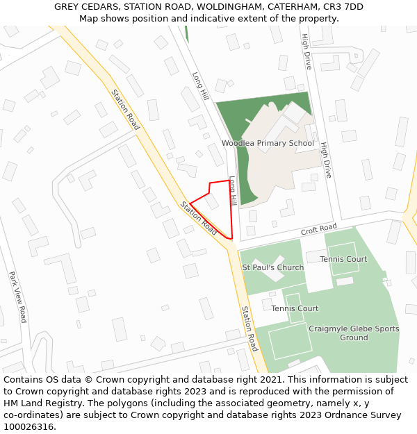 GREY CEDARS, STATION ROAD, WOLDINGHAM, CATERHAM, CR3 7DD: Location map and indicative extent of plot