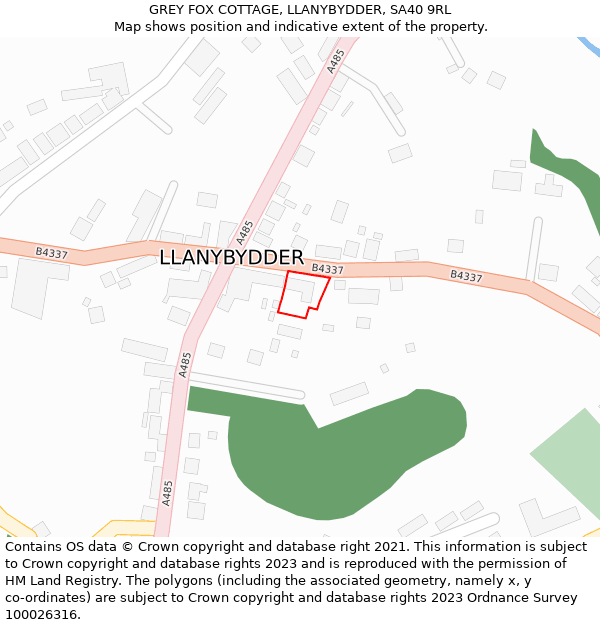 GREY FOX COTTAGE, LLANYBYDDER, SA40 9RL: Location map and indicative extent of plot