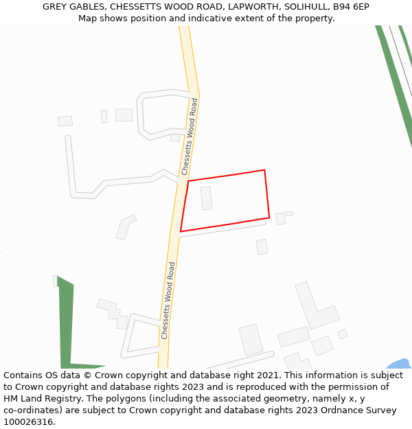 GREY GABLES, CHESSETTS WOOD ROAD, LAPWORTH, SOLIHULL, B94 6EP: Location map and indicative extent of plot