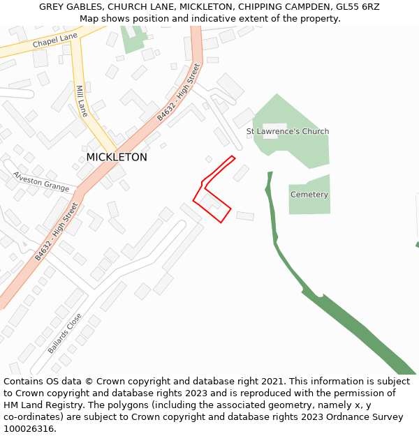 GREY GABLES, CHURCH LANE, MICKLETON, CHIPPING CAMPDEN, GL55 6RZ: Location map and indicative extent of plot