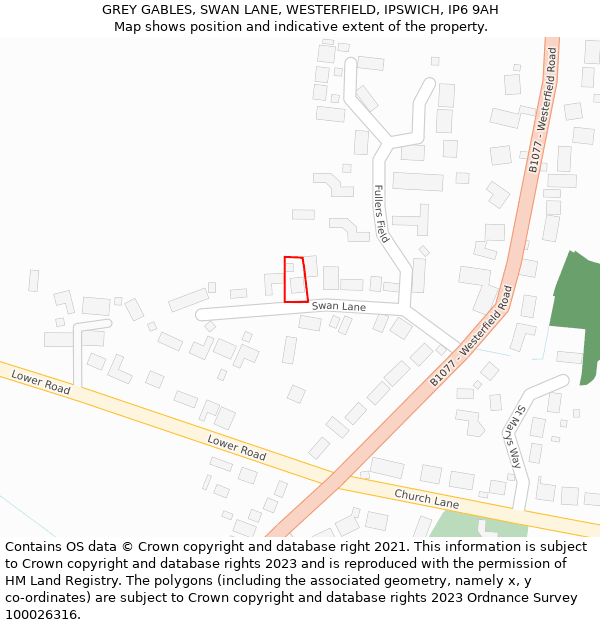 GREY GABLES, SWAN LANE, WESTERFIELD, IPSWICH, IP6 9AH: Location map and indicative extent of plot