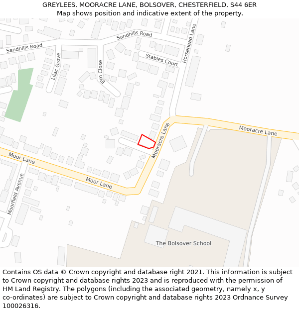 GREYLEES, MOORACRE LANE, BOLSOVER, CHESTERFIELD, S44 6ER: Location map and indicative extent of plot