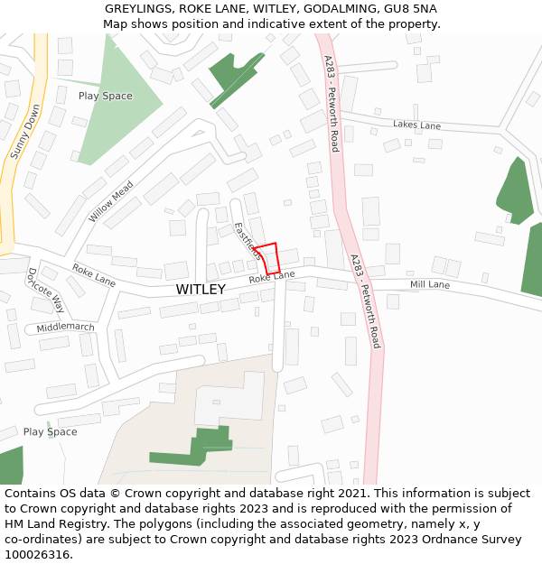 GREYLINGS, ROKE LANE, WITLEY, GODALMING, GU8 5NA: Location map and indicative extent of plot