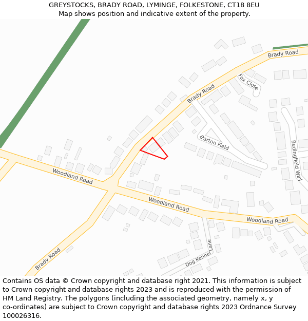 GREYSTOCKS, BRADY ROAD, LYMINGE, FOLKESTONE, CT18 8EU: Location map and indicative extent of plot