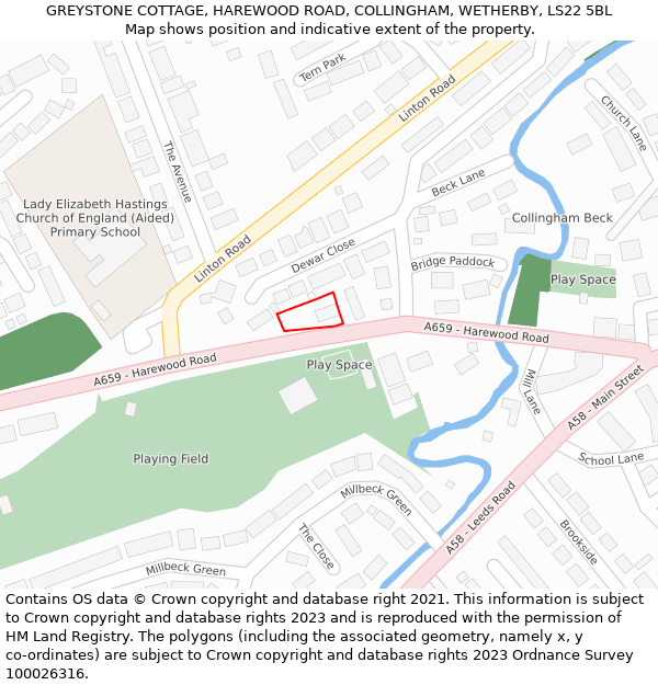 GREYSTONE COTTAGE, HAREWOOD ROAD, COLLINGHAM, WETHERBY, LS22 5BL: Location map and indicative extent of plot