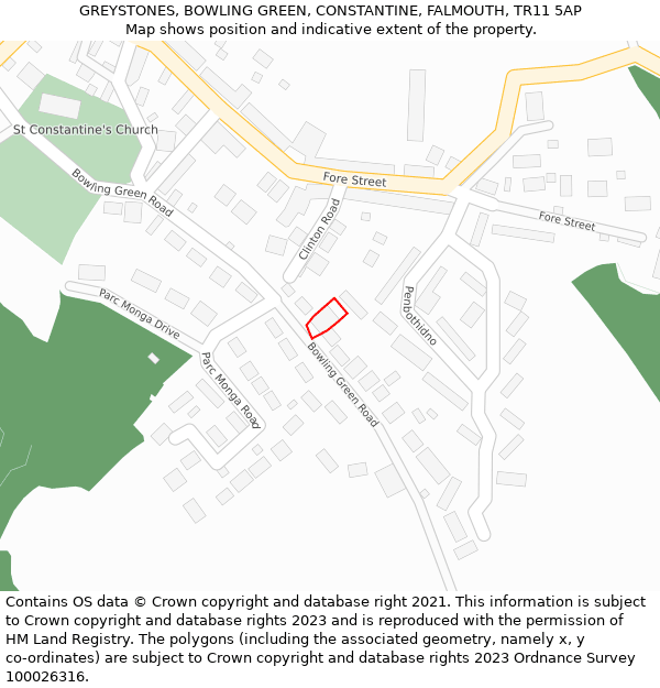 GREYSTONES, BOWLING GREEN, CONSTANTINE, FALMOUTH, TR11 5AP: Location map and indicative extent of plot