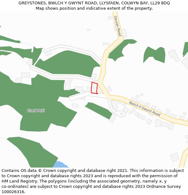 GREYSTONES, BWLCH Y GWYNT ROAD, LLYSFAEN, COLWYN BAY, LL29 8DQ: Location map and indicative extent of plot
