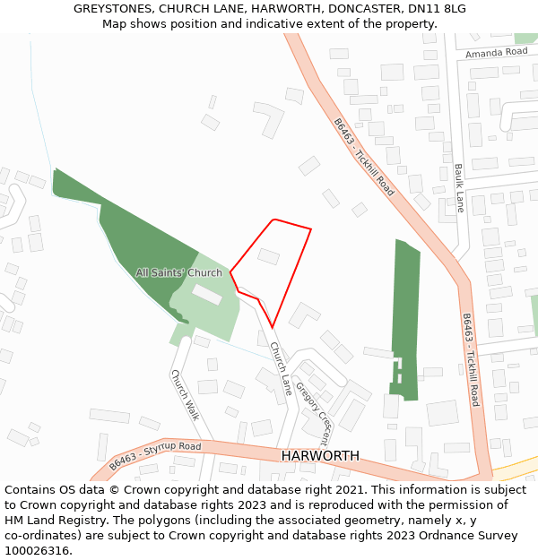 GREYSTONES, CHURCH LANE, HARWORTH, DONCASTER, DN11 8LG: Location map and indicative extent of plot