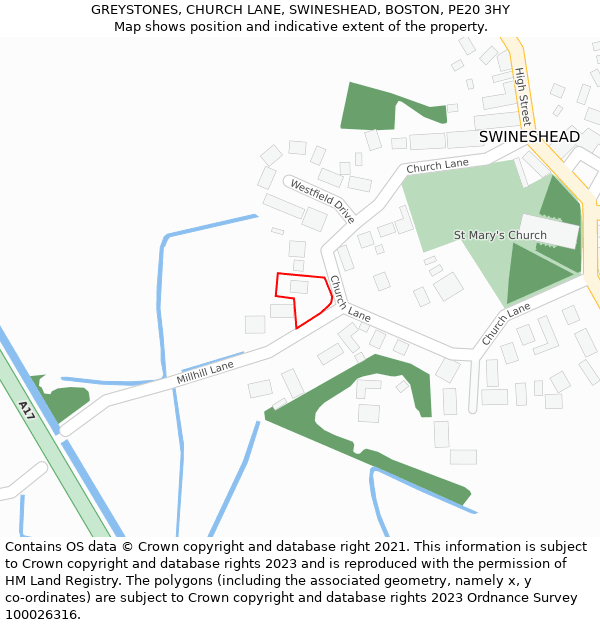 GREYSTONES, CHURCH LANE, SWINESHEAD, BOSTON, PE20 3HY: Location map and indicative extent of plot