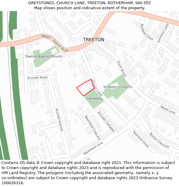 GREYSTONES, CHURCH LANE, TREETON, ROTHERHAM, S60 5PZ: Location map and indicative extent of plot