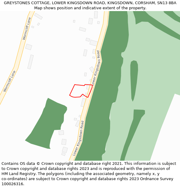 GREYSTONES COTTAGE, LOWER KINGSDOWN ROAD, KINGSDOWN, CORSHAM, SN13 8BA: Location map and indicative extent of plot