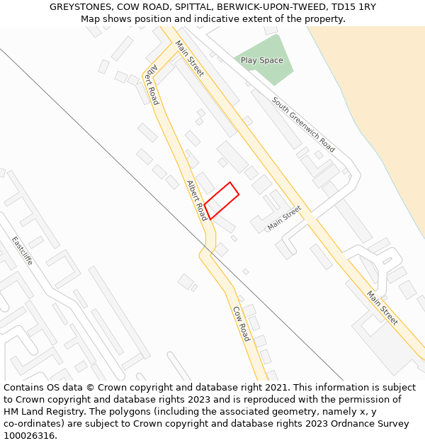 GREYSTONES, COW ROAD, SPITTAL, BERWICK-UPON-TWEED, TD15 1RY: Location map and indicative extent of plot