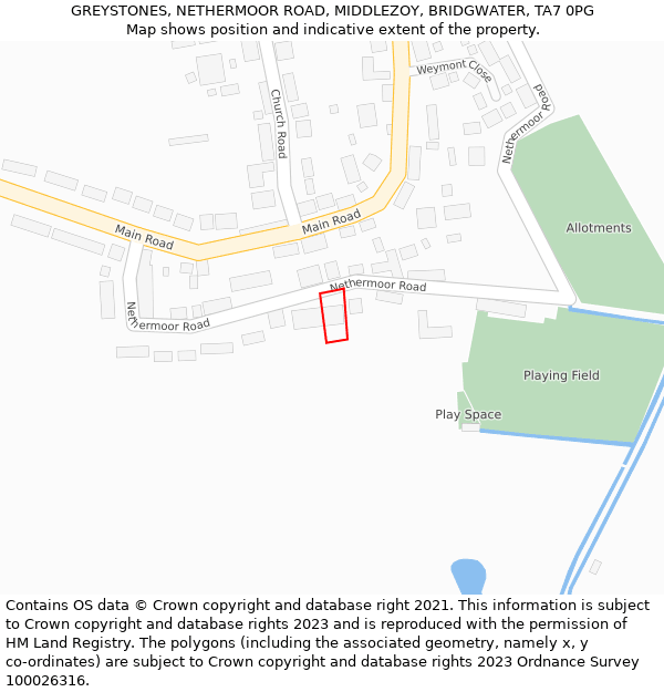 GREYSTONES, NETHERMOOR ROAD, MIDDLEZOY, BRIDGWATER, TA7 0PG: Location map and indicative extent of plot