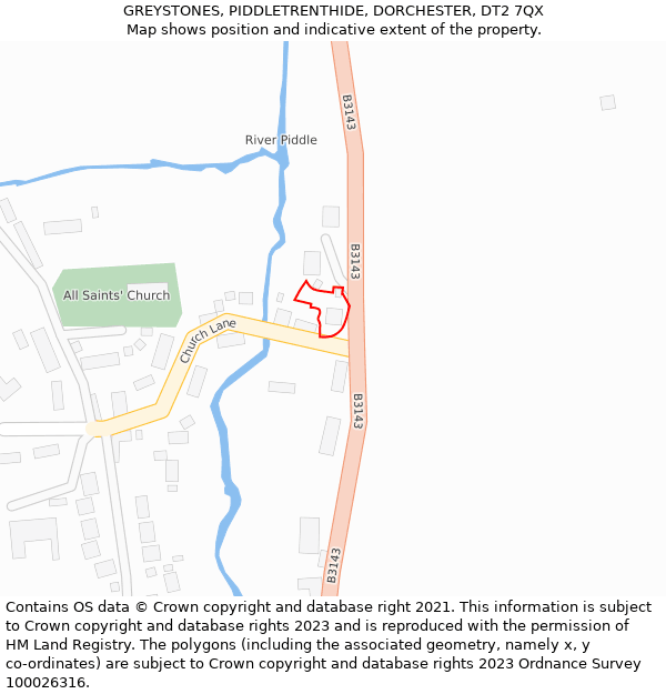 GREYSTONES, PIDDLETRENTHIDE, DORCHESTER, DT2 7QX: Location map and indicative extent of plot