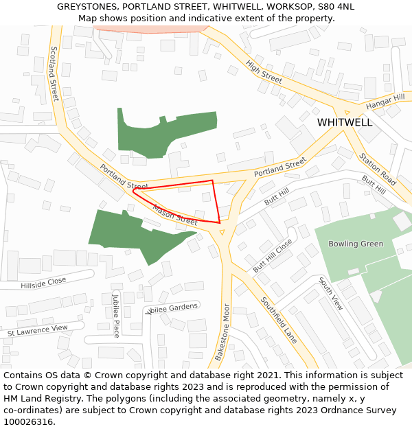 GREYSTONES, PORTLAND STREET, WHITWELL, WORKSOP, S80 4NL: Location map and indicative extent of plot