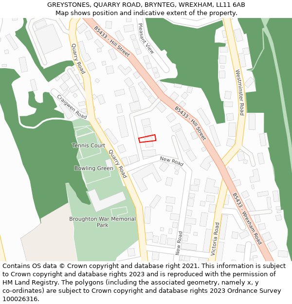 GREYSTONES, QUARRY ROAD, BRYNTEG, WREXHAM, LL11 6AB: Location map and indicative extent of plot
