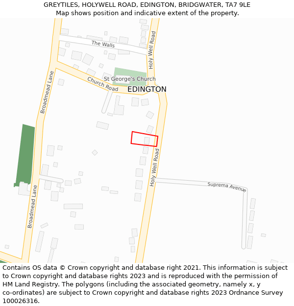 GREYTILES, HOLYWELL ROAD, EDINGTON, BRIDGWATER, TA7 9LE: Location map and indicative extent of plot