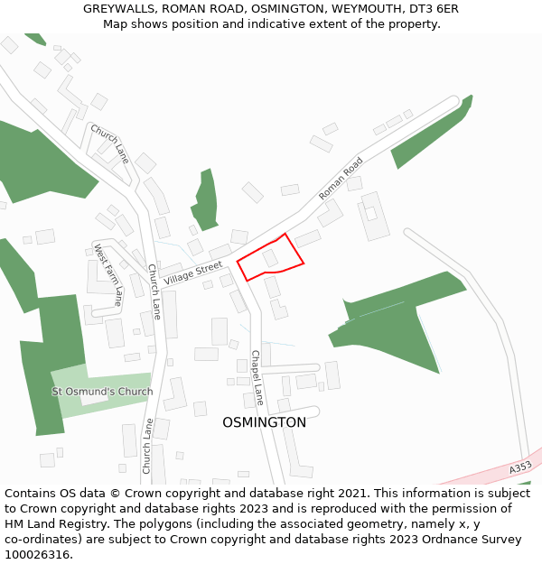 GREYWALLS, ROMAN ROAD, OSMINGTON, WEYMOUTH, DT3 6ER: Location map and indicative extent of plot
