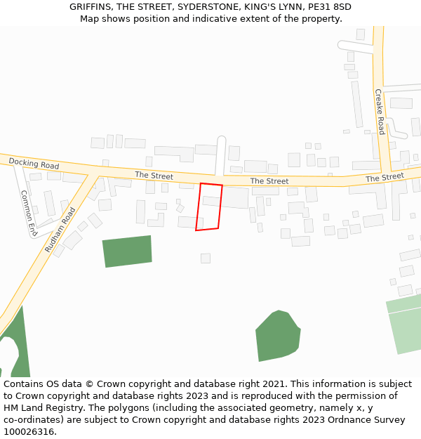 GRIFFINS, THE STREET, SYDERSTONE, KING'S LYNN, PE31 8SD: Location map and indicative extent of plot