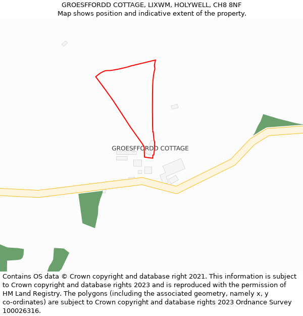 GROESFFORDD COTTAGE, LIXWM, HOLYWELL, CH8 8NF: Location map and indicative extent of plot