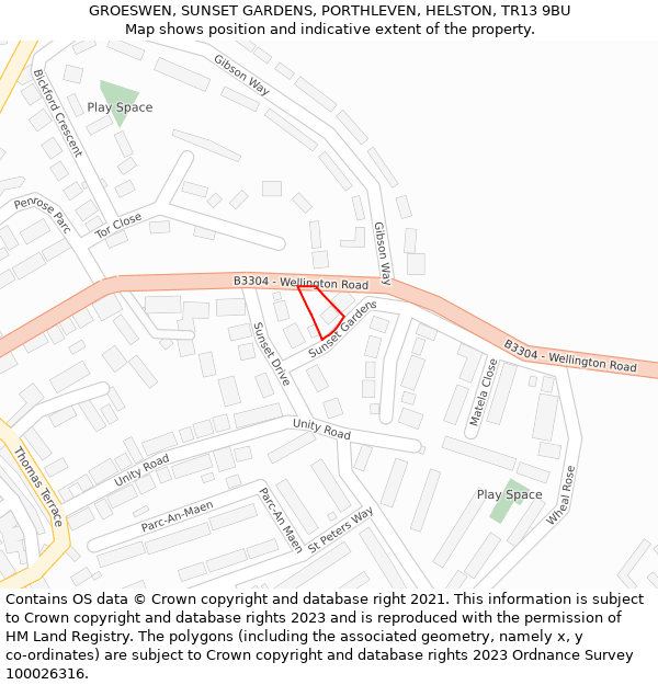 GROESWEN, SUNSET GARDENS, PORTHLEVEN, HELSTON, TR13 9BU: Location map and indicative extent of plot