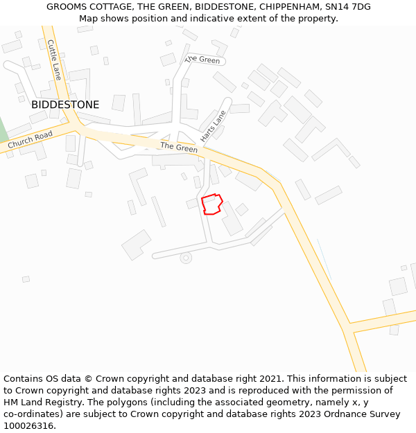 GROOMS COTTAGE, THE GREEN, BIDDESTONE, CHIPPENHAM, SN14 7DG: Location map and indicative extent of plot
