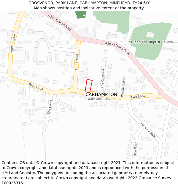 GROSVENOR, PARK LANE, CARHAMPTON, MINEHEAD, TA24 6LY: Location map and indicative extent of plot