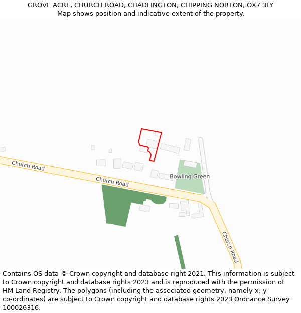GROVE ACRE, CHURCH ROAD, CHADLINGTON, CHIPPING NORTON, OX7 3LY: Location map and indicative extent of plot