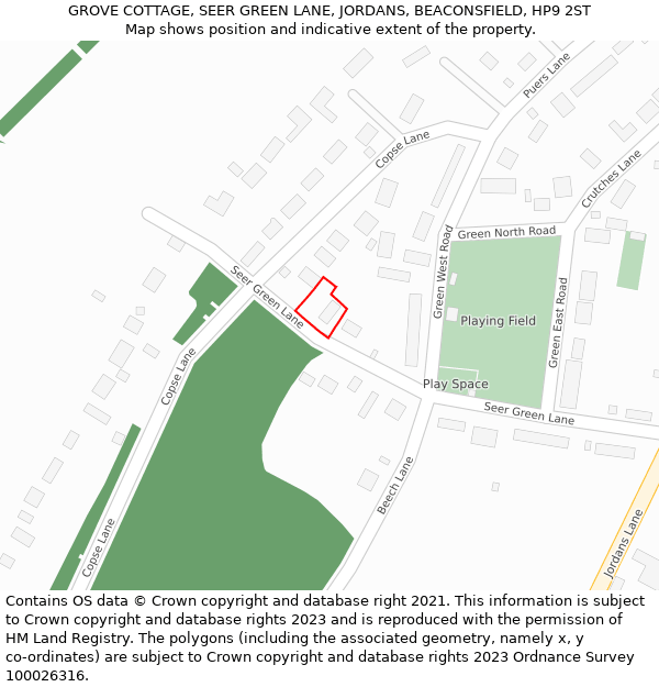 GROVE COTTAGE, SEER GREEN LANE, JORDANS, BEACONSFIELD, HP9 2ST: Location map and indicative extent of plot