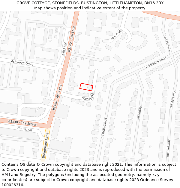 GROVE COTTAGE, STONEFIELDS, RUSTINGTON, LITTLEHAMPTON, BN16 3BY: Location map and indicative extent of plot