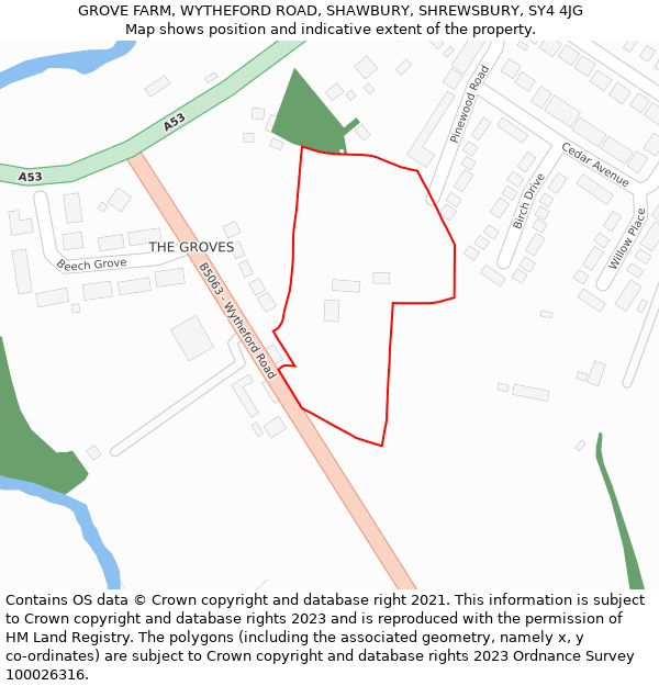 GROVE FARM, WYTHEFORD ROAD, SHAWBURY, SHREWSBURY, SY4 4JG: Location map and indicative extent of plot