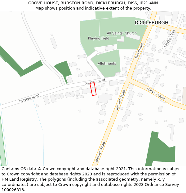 GROVE HOUSE, BURSTON ROAD, DICKLEBURGH, DISS, IP21 4NN: Location map and indicative extent of plot