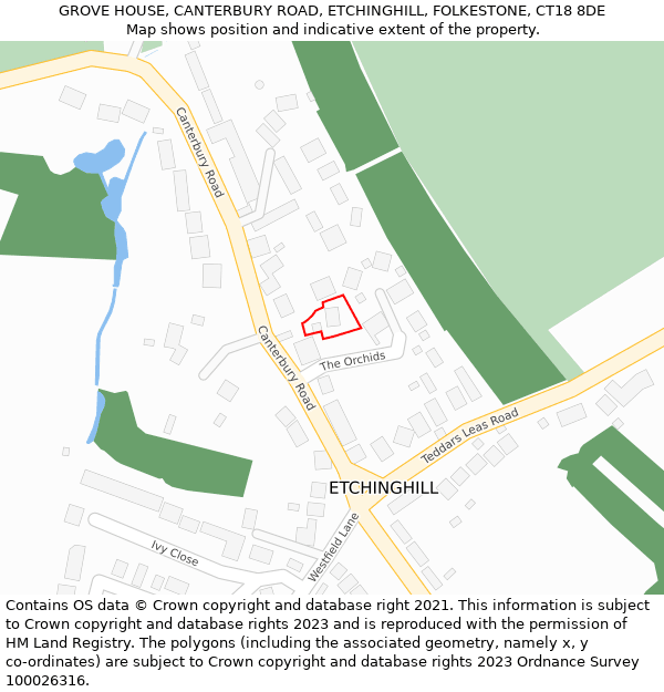GROVE HOUSE, CANTERBURY ROAD, ETCHINGHILL, FOLKESTONE, CT18 8DE: Location map and indicative extent of plot