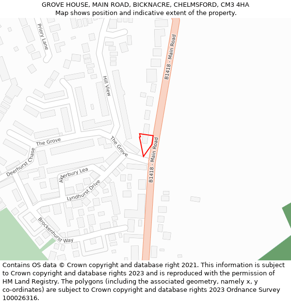 GROVE HOUSE, MAIN ROAD, BICKNACRE, CHELMSFORD, CM3 4HA: Location map and indicative extent of plot