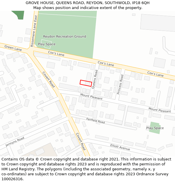 GROVE HOUSE, QUEENS ROAD, REYDON, SOUTHWOLD, IP18 6QH: Location map and indicative extent of plot