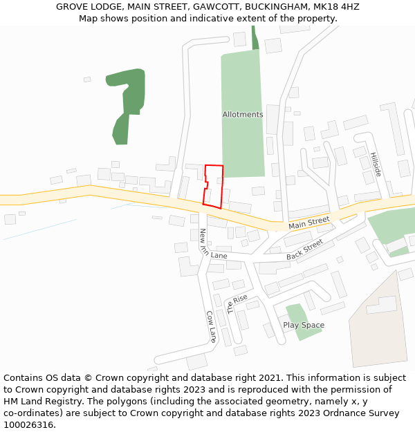 GROVE LODGE, MAIN STREET, GAWCOTT, BUCKINGHAM, MK18 4HZ: Location map and indicative extent of plot