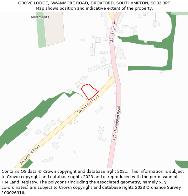 GROVE LODGE, SWANMORE ROAD, DROXFORD, SOUTHAMPTON, SO32 3PT: Location map and indicative extent of plot