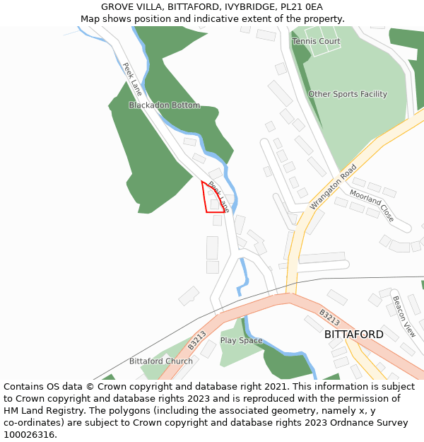 GROVE VILLA, BITTAFORD, IVYBRIDGE, PL21 0EA: Location map and indicative extent of plot