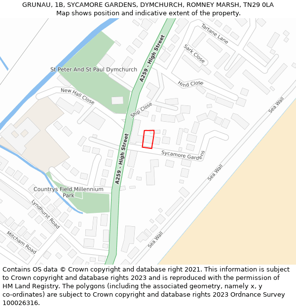 GRUNAU, 1B, SYCAMORE GARDENS, DYMCHURCH, ROMNEY MARSH, TN29 0LA: Location map and indicative extent of plot