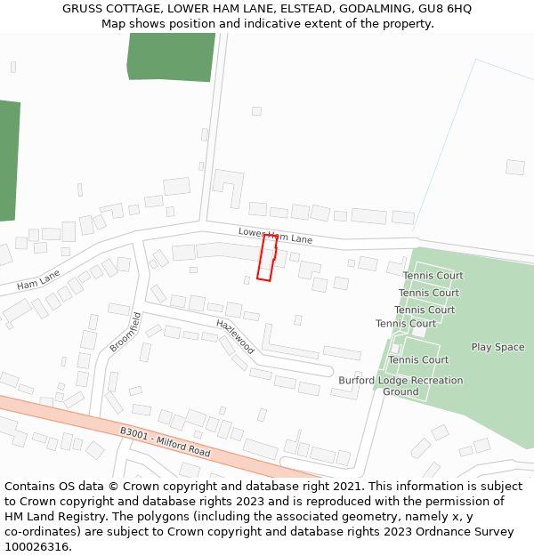 GRUSS COTTAGE, LOWER HAM LANE, ELSTEAD, GODALMING, GU8 6HQ: Location map and indicative extent of plot