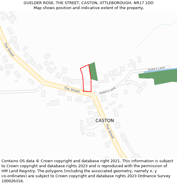 GUELDER ROSE, THE STREET, CASTON, ATTLEBOROUGH, NR17 1DD: Location map and indicative extent of plot