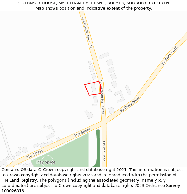 GUERNSEY HOUSE, SMEETHAM HALL LANE, BULMER, SUDBURY, CO10 7EN: Location map and indicative extent of plot