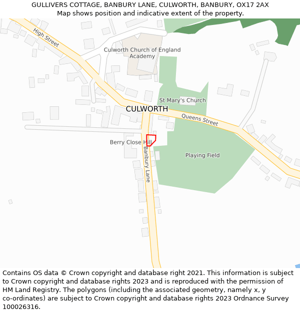 GULLIVERS COTTAGE, BANBURY LANE, CULWORTH, BANBURY, OX17 2AX: Location map and indicative extent of plot