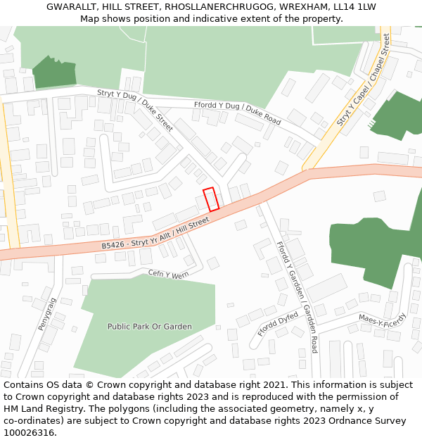 GWARALLT, HILL STREET, RHOSLLANERCHRUGOG, WREXHAM, LL14 1LW: Location map and indicative extent of plot