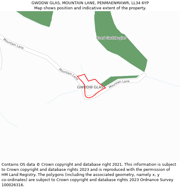 GWDDW GLAS, MOUNTAIN LANE, PENMAENMAWR, LL34 6YP: Location map and indicative extent of plot