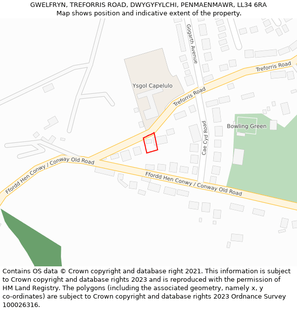 GWELFRYN, TREFORRIS ROAD, DWYGYFYLCHI, PENMAENMAWR, LL34 6RA: Location map and indicative extent of plot